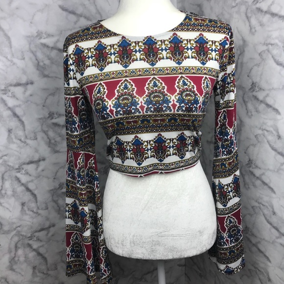 Gypsy Boho Print Bell Sleeve Crop Top - Picture 2 of 8